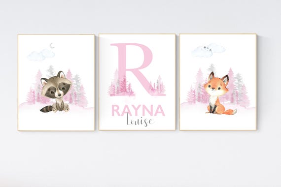 Nursery decor woodland, girl nursery decor, pink nursery, Woodland Nursery Wall Art, Woodland Print Set, animal prints, Woodland Animals