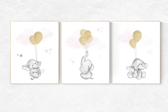Nursery decor girl, elephant balloon print, nursery wall art girl elephant, gold and pink nursery decor, gold nursery art, nursery prints