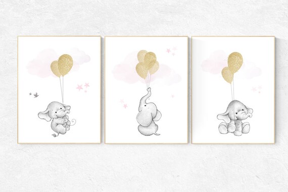 Nursery decor girl, elephant balloon print, nursery wall art girl elephant, gold and pink nursery decor, gold nursery art, nursery prints