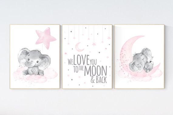 Nursery decor girl, we love you to the moon and back, baby room wall art, girl nursery decor, Elephant nursery, nursery wall art elephant