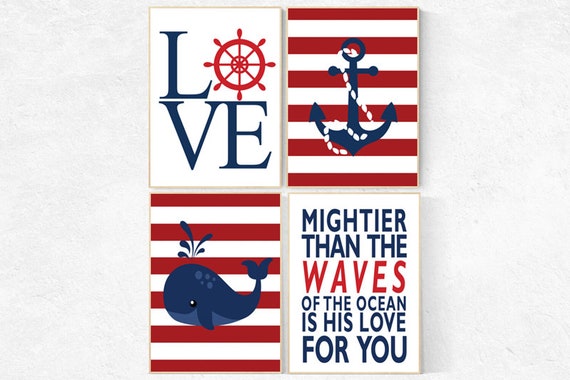 Nautical boy nursery, mightier than the waves, nautical baby room, Nautical Nursery Wall Art, navy red nursery decor, sailor nursery prints