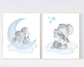 Nursery decor boy elephant, nursery wall art elephant, Elephant Nursery, boy nursery art, moon and stars, elephant nursery