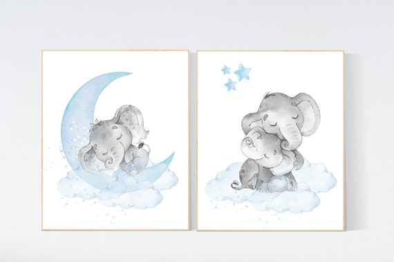 Nursery decor boy elephant, nursery wall art elephant, Elephant Nursery, boy nursery art, moon and stars, elephant nursery