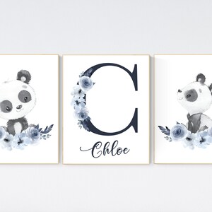 Panda nursery, navy nursery wall art,  Boho baby room, nursery wall art panda, animal prints, name nursery, nursery decor girl floral, navy