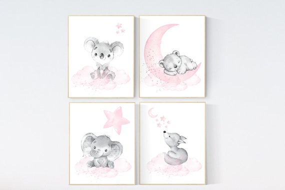 Animal nursery, nursery decor girl pink gray, nursery decor girl woodland animals, teddy bear, elephant, koala, baby girl nursery prints