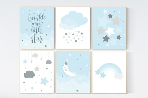 Boy nursery prints, blue nursery decor, twinkle twinkle little star, blue gray Nursery decor boy, moon and cloud, Star nursery, Moon nursery