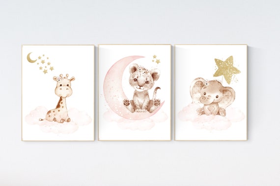 Nursery decor girl animals, blush gold, Animal nursery, nursery decor girl woodland animals, giraffe, elephant, lion, girl nursery ideas