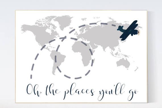 Oh the places you'll go, gray nursery decor, travel nursery decor, World Map wall art, world map nursery, navy gray nursery, grey nursery