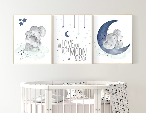 Elephant nursery, Navy and mint nursery decor, navy mint nursery art, baby room wall art, we love you to the moon and back, nursery prints