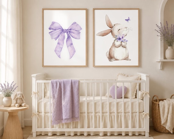Purple Nursery Wall Art Set of 3, Bunny Print, Purple Bow