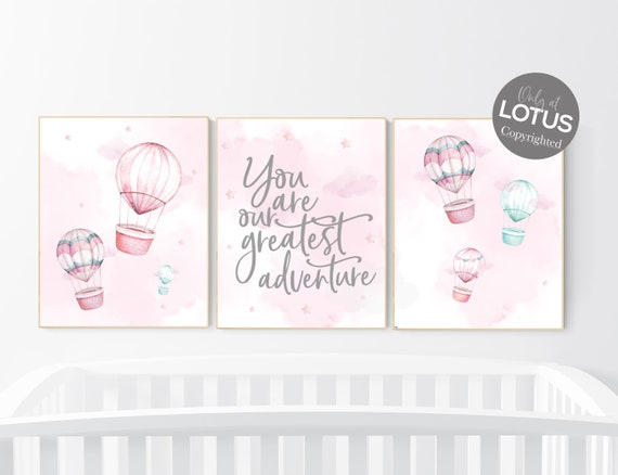 Hot air balloon nursery girls, Nursery decor girl, hot air balloon art for nursery, pink nursery prints, pink and teal, girls room decor