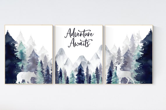 Nursery decor woodland, mountain wall art, tree nursery decor, adventure theme nursery, forest, navy and mint, woodland animals