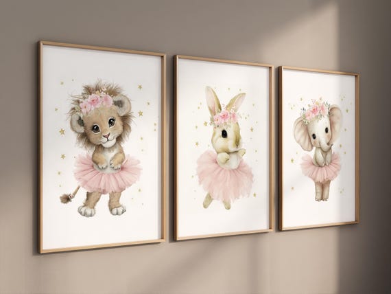 Ballerina Nursery Wall Art Set – Lion, Bunny & Elephant Ballet Prints, Pink Tutu Animal Room Decor, Girls Room Sweet Ballet Animal Art