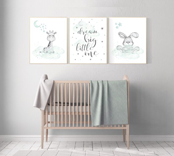 Nursery wall art mint and gray, nursery wall art animals, baby room decor mint and gray, woodland, jungle, bunny, giraffe, nursery prints