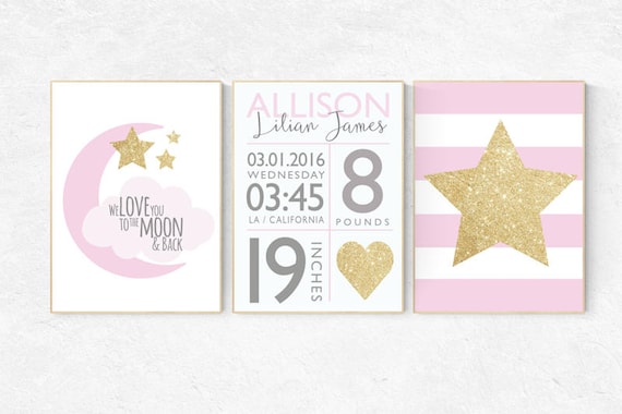 Pink gold nursery decor, nursery decor girl gold, birth stats wall art, baby girl nursery wall art, pink gold nursery decor nursery wall art