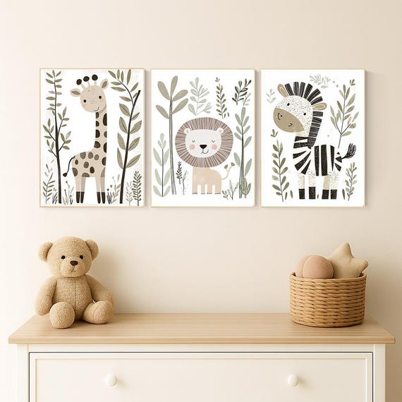 Safari Animal Nursery Prints, Boho Jungle Art, Set of 3