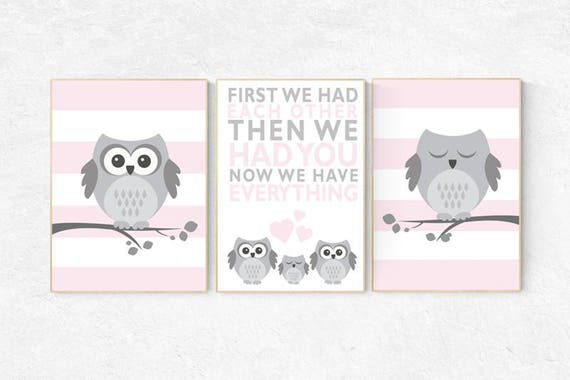 Owl nursery wall art, pink nursery decor, first we had each other then we had you, pink gray, owl room decor, owl nursery decor girls, baby