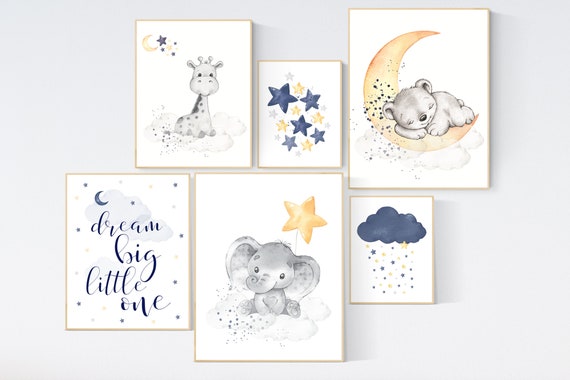 Animal nursery, navy yellow gray, gender neutral, nursery wall art boy, navy Blue, elephant, giraffe, bear, navy yellow grey, animal prints