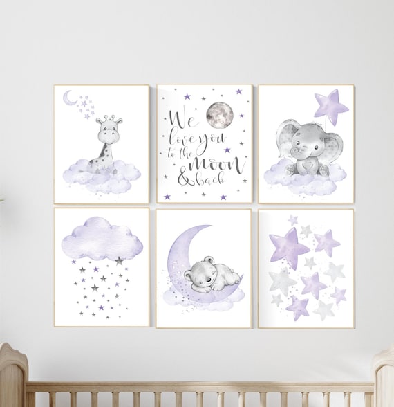 Nursery decor girl purple, girl nursery wall art, elephant, giraffe, bear, nursery prints animals, baby room decor, lavender, lilac