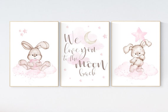 Bunny nursery decor, pink nursery, nursery decor girl bunny, nursery prints animals, we love you to the moon and back, cloud and stars