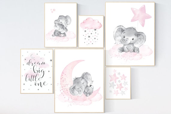 Nursery wall art girl elephant, pink and gray, nursery decor girl pink, dream big little one, cloud, stars, nursery prints, baby room decor