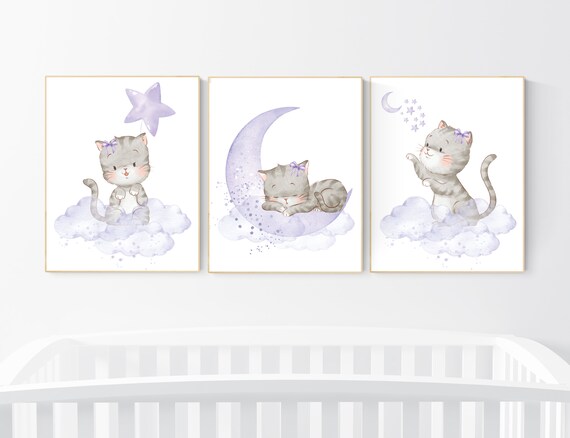 Cat nursery print, kitten nursery print, purple nursery, nursery decor girl, nursery art girl, cat print, kittens, cat nursery, lilac