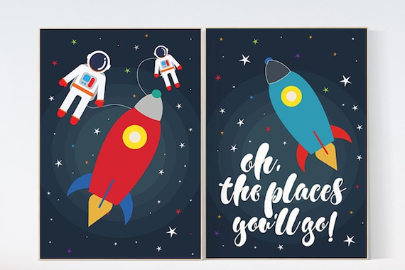 Oh the places you'll go, space theme, nursery decor, outer space nursery wall art, playroom decor, kids room decor, baby boy room, boys room