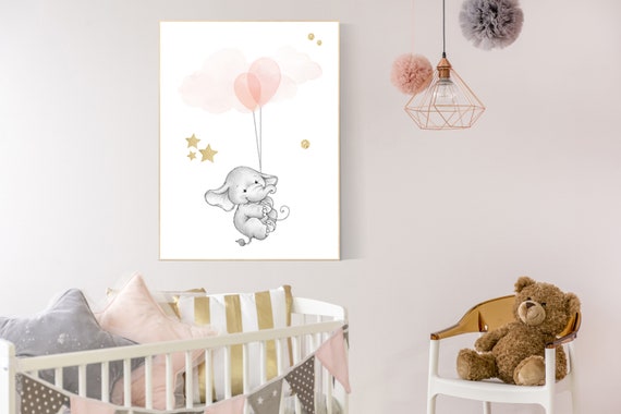 Nursery decor girl blush and grey and gold, Nursery decor elephant, girls room decor, blush pink wall art, blush pink decor, blush gold