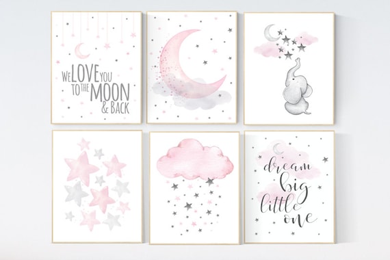 Nursery decor girl, nursery decor elephant, girl room wall art, pink and gray, moon and stars nursery, nursery decor clouds stars