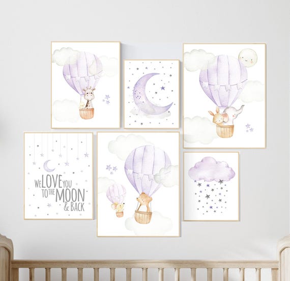 Nursery decor girl hot air balloon, Nursery decor girl purple, purple nursery, lilac nursery print, lavender nursery wall art, baby girl