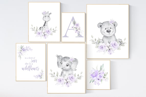 Nursery decor boho, nursery decor girl purple, nursery decor girl floral, elephant, giraffe, bear, name nursery, lilac, lavender, flower