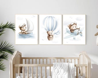 Blue Bear Nursery Art Set: Hot Air Balloon, Boat & Plane Prints