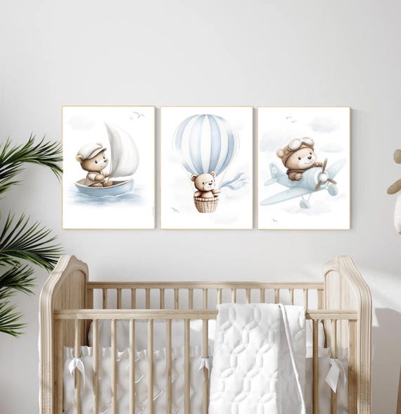 Blue Bear Nursery Art Set: Hot Air Balloon, Boat & Plane Prints