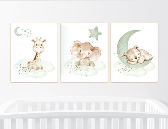 Nursery wall art animals, green nursery, gender neutral nursery, sage green, baby room decor, bear, elephant, giraffe, animal prints