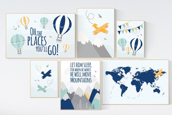 Adventure nursery decor, Nursery decor boy mountains adventure, nursery decor boy airplane, world map nursery, adventure awaits, navy yellow