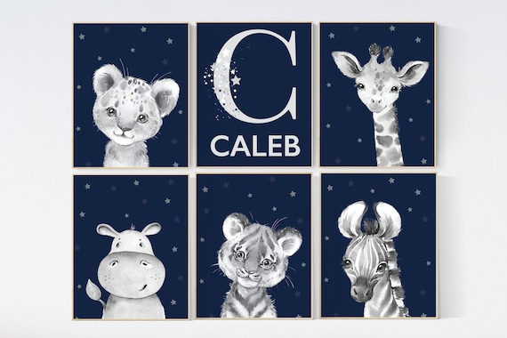 Safari animals nursery prints, navy nursery wall art, animal prints, navy nursery, navy blue nursery, baby room wall art, woodland animals