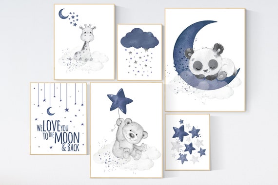 Nursery decor boy bear, giraffe, panda, boy nursery, moon and stars, navy nursery, boy nursery art, we love you to the moon and back