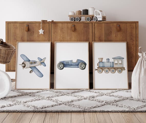 Transportation Nursery Wall Art Set, Plane Train Car Prints, Boy Nursery Decor