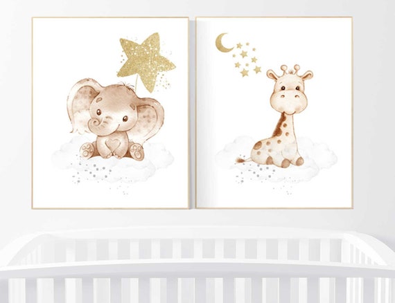 Nursery wall art gender neutral, nursery decor elephant, giraffe nursery, neutral nursery wall art, gray, grey, gold, gender neutral, twins