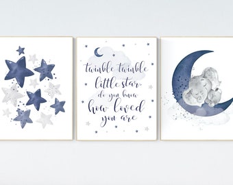 Marineblauwe kinderkamerkunstprints: maan, sterren, olifant decor