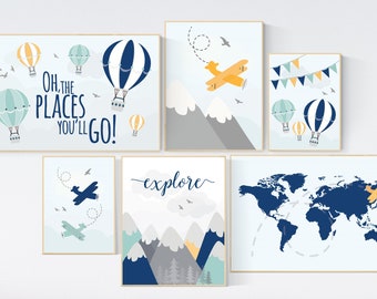 Décor de crèche d’aventure, Décor de pépinière garçon montagne aventure, décor de pépinière garçon avion, carte du monde pépinière, aventure vous attend, jaune marine