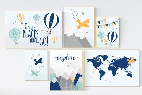 Adventure nursery decor, Nursery decor boy mountains adventure, nursery decor boy airplane, world map nursery, adventure awaits, navy yellow