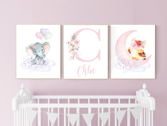 Nursery decor girl animals, nursery decor animals, Nursery wall art girl elephant, owl, pink, purple, girl nursery wall decor, girl name