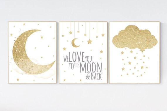 Nursery wall art gold, gold nursery, nursery decor neutral, baby room decor, moon and stars, baby room decor, gold prints for nursery