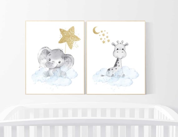 Nursery decor boy elephant and giraffe, Animal nursery for boys, blue gold, baby room wall art, nursery wall art animals, boys room prints