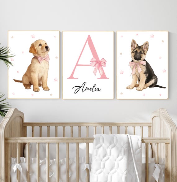 Puppy Dog Nursery Wall Art with Name – Pink Bow Golden Retriever & German Shepherd – Custom Girl Room Decor – 3 Piece Set