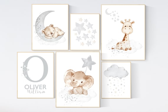 Animal nursery, gender neutral, Nursery wall art animals, gray nursery, neutral, lion, bunny, bear, elephant, giraffe, koala, animal prints