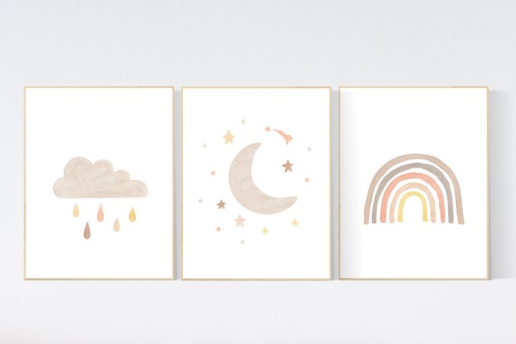 Nursery decor rainbow, neutral Rainbow Wall Art, rainbow Print Set, Cloud Rainbow moon, Rainbow Wall Art, gender neutral, Watercolor Rainbow