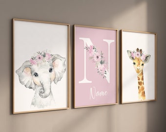 Safari Animals, girl nursery, Animals Prints, Woodland Nursery Decor, Safari Nursery Wall Art, floral animal prints, Pink Safari Animals