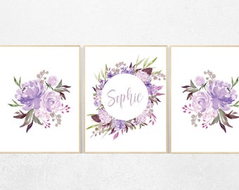 Paarse bloemen kinderkamerdecoratie: lavendelbloemenprints